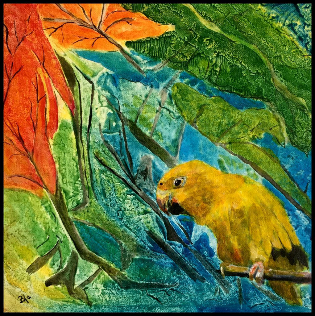 Papegøjen i det grønne, akrylmaleri
