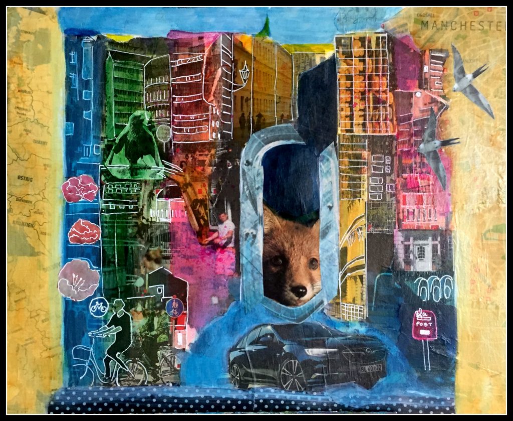 Byernes by, collage og akryl